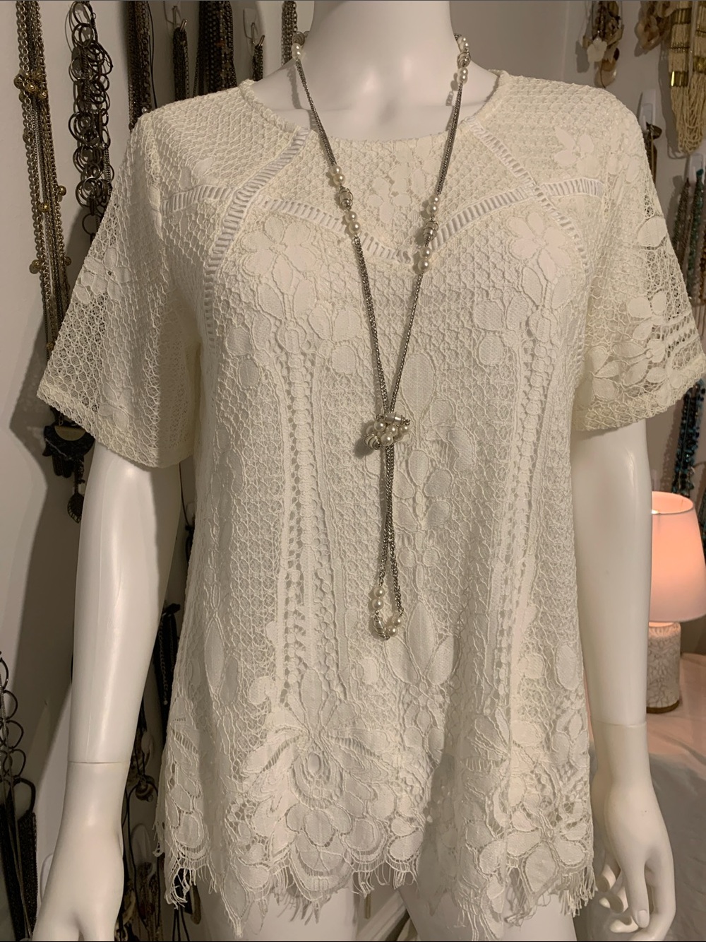 JODIFL Cream Lace Crochet Short-Sleeve Blouse with necklace